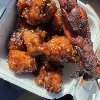 Famous Wok - General Tsao chicken & marinated chicken on a stick.. delicious healthy protein !! (Already ate half of what they provided ) - Chinese Near Me - San Antonio, Texas Famous Wok - General Tsao chicken & marinated chicken on a stick.. delicious healthy protein !! (Already ate half of what they provided ) - Chinese Near Me - San Antonio, Texas