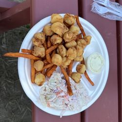 The White Cottage Snack Bar - Scallop dinner includes fried scallops, cole slaw and fries (we chose sweet potato).