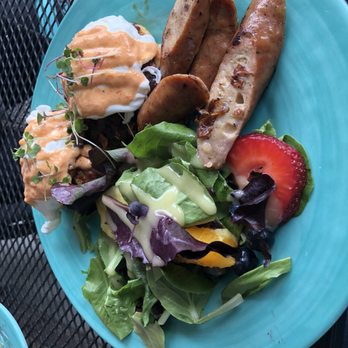 Juicy Kitchen - JK Benedict - made with red pepper and cashew hollandaise with chicken sausage. - Breakfast & Brunch Near Me - Ann Arbor, Michigan