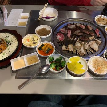 Seoul Jung Korean BBQ - The initial spread - Brisket, Pork Belly, Beef Finger, Kimchi Fried Rice, Soon Tofu, and Banchan - Korean Near Me - Dublin, California
