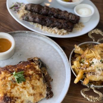 Ammatoli - Ammatoli Moussaka Beef Shawarma Plate Mediterranean Fries Mezza - Mediterranean Near Me - Long Beach, California