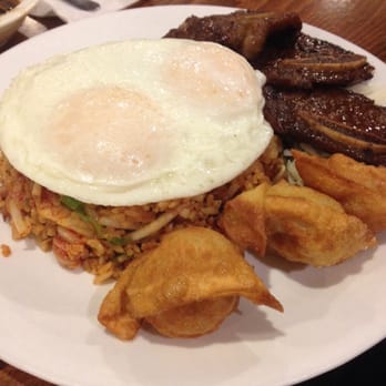 Tanaka Saimin - Korea Moco with Kim Chee Fried Rice topped with over easy egg, Kalbi, and friend Wun Tun - Japanese Near Me - Honolulu, Hawaii Tanaka Saimin - Korea Moco with Kim Chee Fried Rice topped with over easy egg, Kalbi, and friend Wun Tun - Japanese Near Me - Honolulu, Hawaii