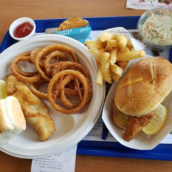 Culver's - Mom ordered 1 piece Walleye meal, roll, Cole slaw with onion rings. Karen= Walleye sandwich combo and sweet tea ! Delicious - Fast Food Near Me - Roseville, Michigan