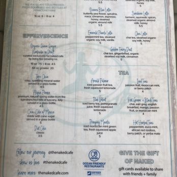 Naked Cafe - Drink Menu April 2024 - Breakfast & Brunch Near Me - Solana Beach, California
