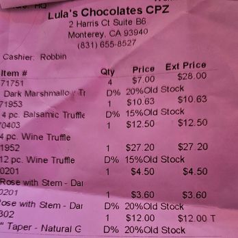 Lula's Chocolates - Receipt with not one, but two items charged to our account we didn't buy. Those items were nowhere around our purchse - Chocolatiers & Shops Near Me - Carmel-by-the-Sea, California