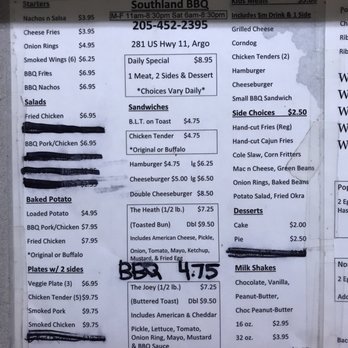 Southland Barbecue - Menu (left side). Prices are up to date (I asked). - Barbeque Near Me - Argo, Alabama Southland Barbecue - Menu (left side). Prices are up to date (I asked). - Barbeque Near Me - Argo, Alabama