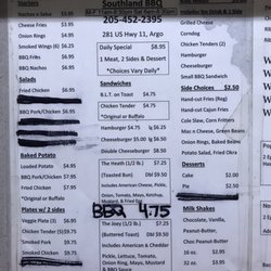 Southland Barbecue - Menu (left side). Prices are up to date (I asked).
