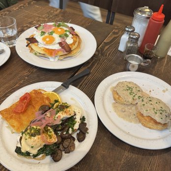 Jam Cafe - We shared the Mushroom N' Ricotta Benedict, Savory Stack, and a side of Biscuits and Mushroom Gravy.  They were all so delicious! - Breakfast & Brunch Near Me - North Vancouver, British Columbia
