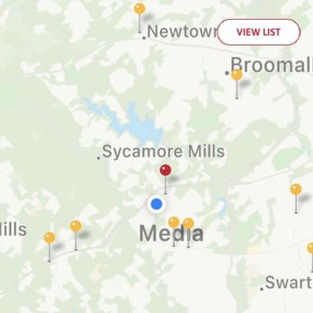 Wawa - Map displaying the location of a Wawa convenience store at 1260 N. Providence Rd, Glen Riddle, PA 19063. The store is marked with a red pin, and the map shows surrounding areas including Media, Chester Heights, and Sycamore Mills. The map includes a search bar and options for viewing all stores or favorites, with the store's distance noted as 0.34 miles from the current location. - Convenience Stores Near Me - Upper Providence, Pennsylvania