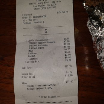 Five Guys - Yet even the receipt specifies my order - Burgers Near Me - Los Angeles, California