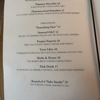 Terre restaurant - Drinks menu - Canadian (New) Near Me - St John's, Newfoundland and Labrador