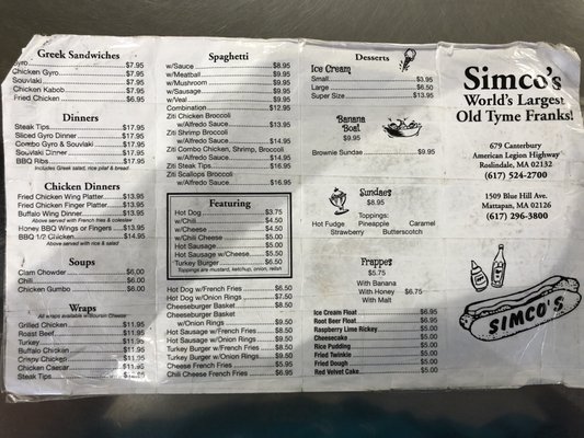 Menu photo 1 Simco's Roslindale, MA