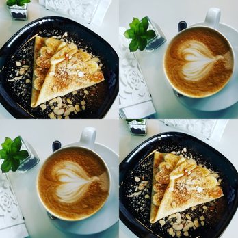 Crepe House Cafe - Delicious Maple Minute crepe with banana, cinnamon, maple and walnuts and latte - Cafes Near Me - Chicago, Illinois Crepe House Cafe - Delicious Maple Minute crepe with banana, cinnamon, maple and walnuts and latte - Cafes Near Me - Chicago, Illinois