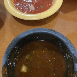 Mild is the bright red salsa and hot is the darker Mild is the bright red salsa and hot is the darker