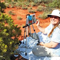 Sedona Art Hikes - Nina sitting next to buddy, Pinyon Pine.