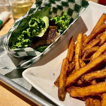 Mammoth Burger - Burger wrapped in lettuce w/sweet potato fries - Burgers Near Me - Stanwood, Washington Mammoth Burger - Burger wrapped in lettuce w/sweet potato fries - Burgers Near Me - Stanwood, Washington