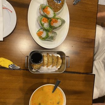 Thaitastic Thai Cuisine - Fresh Summer Rolls, Potstickers (5), and shrimp Tom Kha Soup - Thai Near Me - Ashburn, Virginia Thaitastic Thai Cuisine - Fresh Summer Rolls, Potstickers (5), and shrimp Tom Kha Soup - Thai Near Me - Ashburn, Virginia