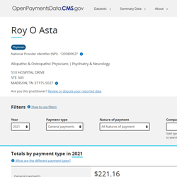 Asta Roy MD - Dr. Asta's published drug company payments made to him by Indivior Inc. in 2021.