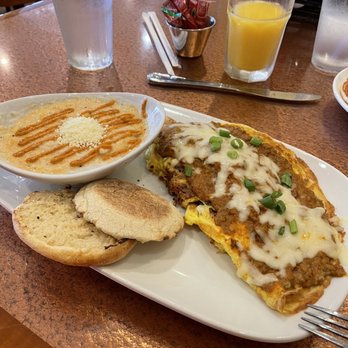 Another Broken Egg Cafe - Bacquezo Omelet with Elote Corn Grits - Breakfast & Brunch Near Me - Indianapolis, Indiana Another Broken Egg Cafe - Bacquezo Omelet with Elote Corn Grits - Breakfast & Brunch Near Me - Indianapolis, Indiana