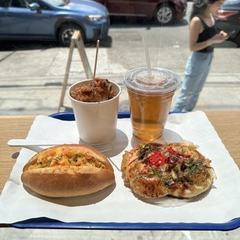 Takahachi Bakery - Karaage chicken, Hoji Tea (top) Mentaiko Potato Bun, Okonomi Tuna (bottom) - Coffee & Tea Near Me - Brooklyn, New York