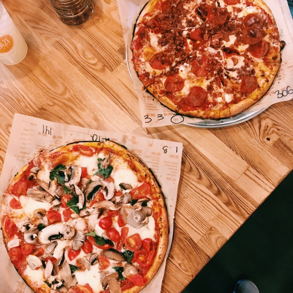 Blaze Pizza - (Left) Veno Pizza with mushrooms and mozzarella cheese added to it! (Right) Build Your Own! It has bacon, pepperoni, and more bacon haha! - Salad Near Me - Tulsa, Oklahoma Blaze Pizza - (Left) Veno Pizza with mushrooms and mozzarella cheese added to it! (Right) Build Your Own! It has bacon, pepperoni, and more bacon haha! - Salad Near Me - Tulsa, Oklahoma