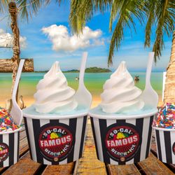 So Cal Famous Beach Ice - So Cal Famous Beach Ice desserts displayed on a tropical beach backdrop with palm trees and ocean views...