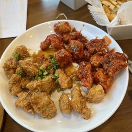 Boneless chicken. Kalbi sauce and sweet and spicy. Boneless chicken. Kalbi sauce and sweet and spicy.