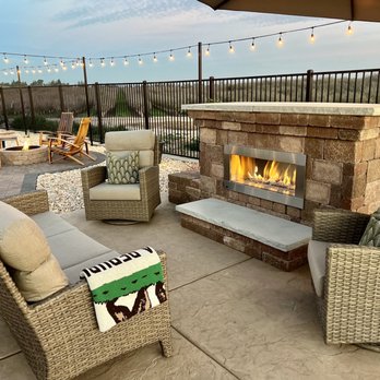 559 Pro Landscape - The entertainment area with gas fireplace and fire pit. - Landscaping Near Me - Madera, California