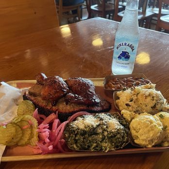 Pinkerton’s Barbeque - Upper Kirby - Chicken and Brisket plate (creamed spinach, baked beans, jalapeño cheddar rice, potato salad) - Barbeque Near Me - Houston, Texas Pinkerton’s Barbeque - Upper Kirby - Chicken and Brisket plate (creamed spinach, baked beans, jalapeño cheddar rice, potato salad) - Barbeque Near Me - Houston, Texas