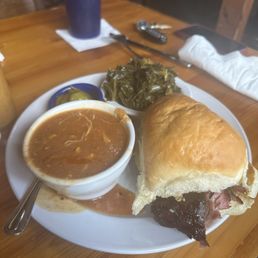 Sliced pork sandwich with collard green & Brunswick stew