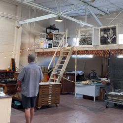 Power and Light Press - The printing space, and loft, with steamroller prints drying