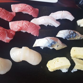 Ebi Sushi Bar - From clockwise: 4 toro, 2 hamachi toros(?), 2 mackerel, 2 sweet eggs amd 2 scallops - Sushi Bars Near Me - Somerville, Massachusetts Ebi Sushi Bar - From clockwise: 4 toro, 2 hamachi toros(?), 2 mackerel, 2 sweet eggs amd 2 scallops - Sushi Bars Near Me - Somerville, Massachusetts