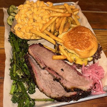 Ruff House BBQ - brisket plate, smash burger, large mac and cheese, and broccolini. - Barbeque Near Me - Ventura, California