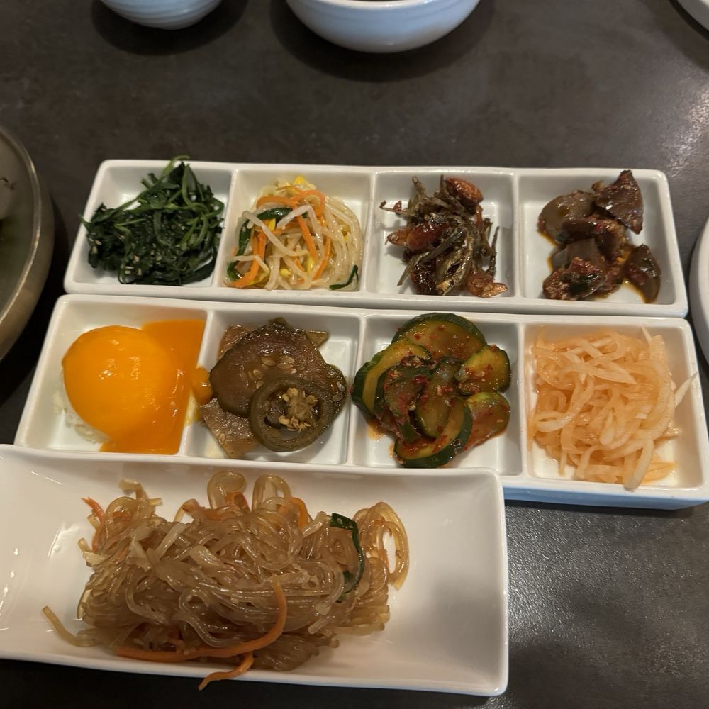 Korean Garden - Sides: beansprouts, anchovies & peanuts, mashed potato topped with cheese, spicy veg, radish and japchae - Korean Near Me - Suwanee, Georgia