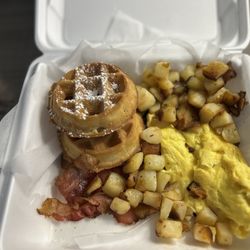 Atlantic Waffle Company - Belgian waffles, egg, bacon and potatoes