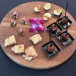 Milo's Catering - Steak bruschetta, pimento grilled cheese with seasonal jam, chipotle deviled eggs, and bourbon bbq meatballs