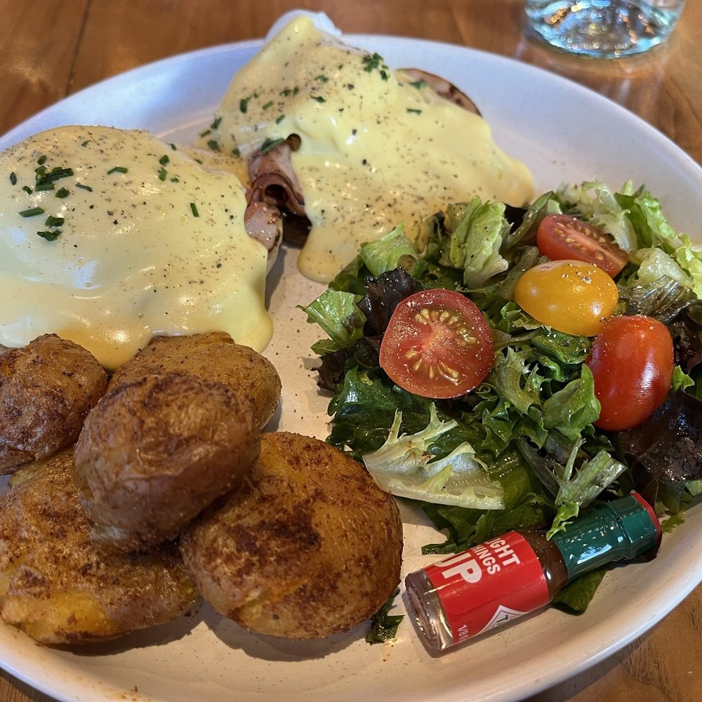 RIME - Eggs Benedict with ham, comes with potato and salad side - Seafood Near Me - Park City, Utah
