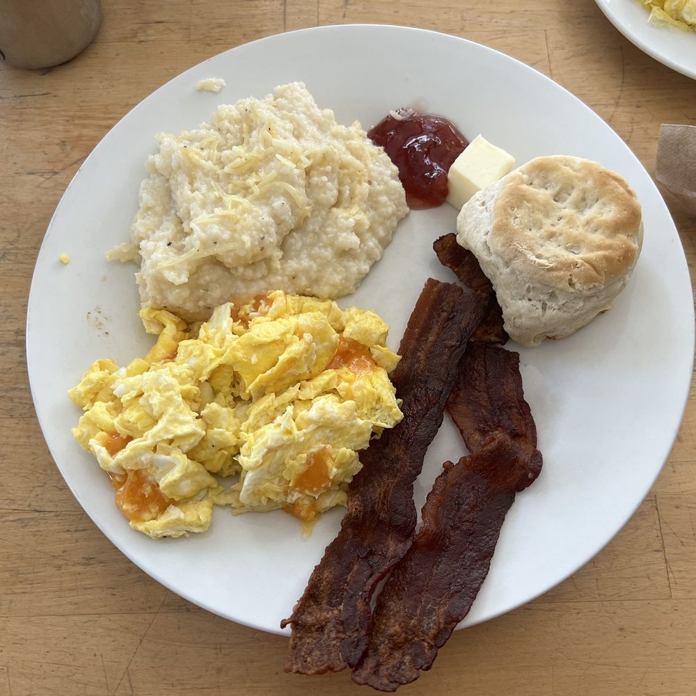 East End Eatery - Blue Plate - 10 2 eggs scrambled, smoked Gouda grits,thick bacon extra crispy, biscuit - American Near Me - Gainesville, Florida East End Eatery - Blue Plate - 10 2 eggs scrambled, smoked Gouda grits,thick bacon extra crispy, biscuit - American Near Me - Gainesville, Florida
