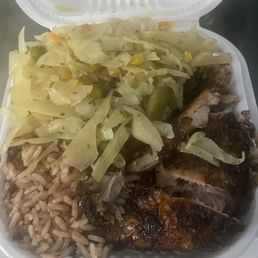 Jerk chicken, cabbage, rice and peas lunch special Jerk chicken, cabbage, rice and peas lunch special