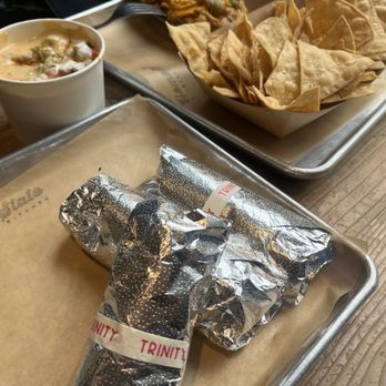 HomeState - 3 Trinity tacos, Loaded Queso, Chips, and Chorizo Miga - Tacos Near Me - Pasadena, California