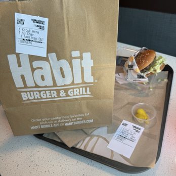 Habit Burger & Grill - The "here" order in a to go bag and the "to go" order for here on the stickers - Burgers Near Me - Pinole, California
