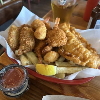 Camelot Fish & Chips - The Camelot: One piece of fish with shrimp(3), scallops (3), and oysters(3), served with chips - Seafood Near Me - Pacifica, California