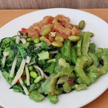 Yu's Garden - Dine-in three item plate: bittermelon/ dried radish with edamame/ pickled veggies, edamame, bamboo - Taiwanese Near Me - Irvine, California