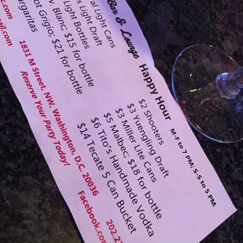 1831 Bar & Lounge - Happy hour menu, plus some additional drink specials on a chalkboard. - Lounges Near Me - Washington, DC, District of Columbia 1831 Bar & Lounge - Happy hour menu, plus some additional drink specials on a chalkboard. - Lounges Near Me - Washington, DC, District of Columbia