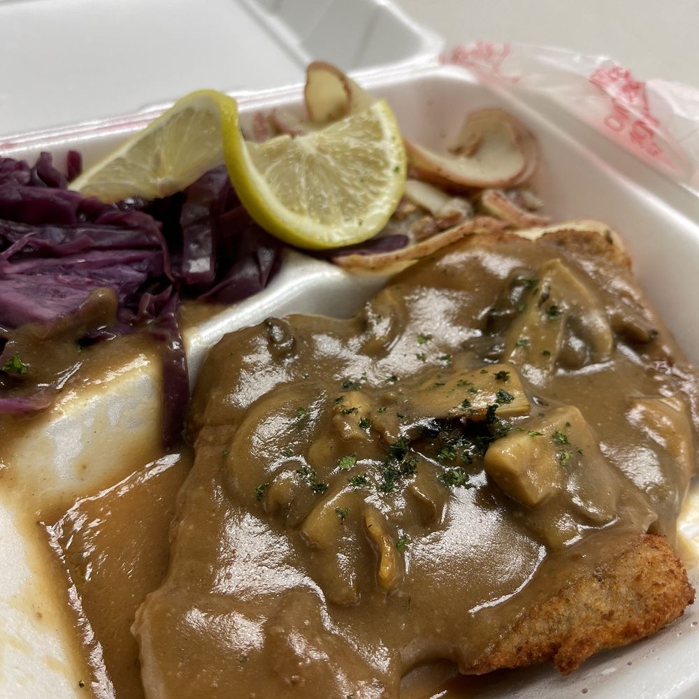West Berlin - Pork jagerschnitzel with rotkohl and potato salad - German Near Me - Anchorage, Alaska West Berlin - Pork jagerschnitzel with rotkohl and potato salad - German Near Me - Anchorage, Alaska