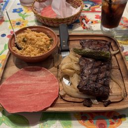 Carne asada, rice, corn tortillas