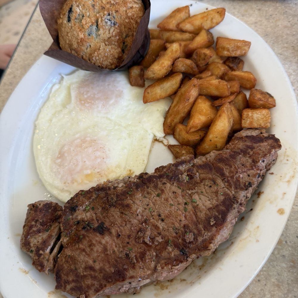 Steak and eggs over easy, skillet potatoes, and blueberry muffin. Steak and eggs over easy, skillet potatoes, and blueberry muffin.