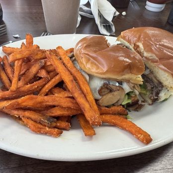 Little John's Diner - Mushroom Swiss Burger with sweet potato fries. - Breakfast & Brunch Near Me - Winter Haven, Florida Little John's Diner - Mushroom Swiss Burger with sweet potato fries. - Breakfast & Brunch Near Me - Winter Haven, Florida