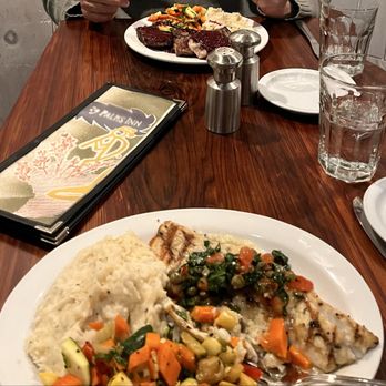 29 Palms Inn - Sea bass with mashed potatoes & vegetables Glazed Lamb Chops - New American Near Me - 29 Palms, California