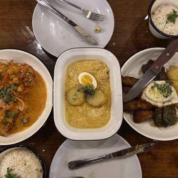 Aji Peruvian Cuisine - From left to right: Pescado a lo macho, Ají de gallina, steak a lo pobre - Peruvian Near Me - Long Beach, California Aji Peruvian Cuisine - From left to right: Pescado a lo macho, Ají de gallina, steak a lo pobre - Peruvian Near Me - Long Beach, California
